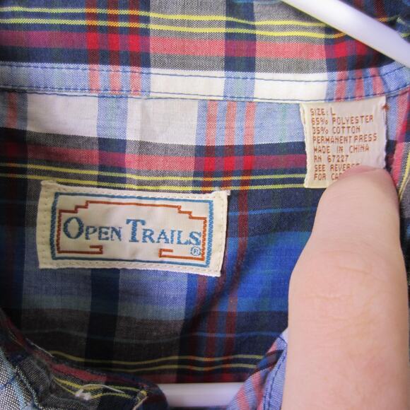 Open Trails Shirt Mens Large Blue Red Plaid Short Sleeve Western Pearl Snap - Picture 2 of 8